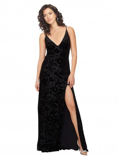Buy V-Neck Cowl Back Floral Velvet Bridesmaid Dress with Front Slit and Deep V-Neck