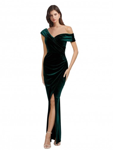 Buy Long Asymmetric Neckline Ruched Velvet Bridesmaid Dress