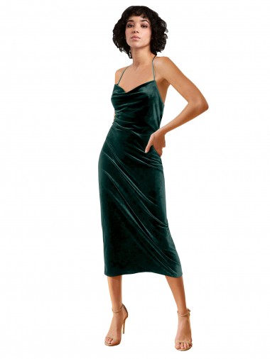 Buy Midi Length Sleek Cowl Neckline Short Velvet Bridesmaid Dress